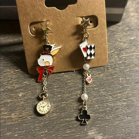 Asymmetric Earrings with Clock, Rabbit & Pearl, Unique Long Dangle Drop Jewelry - Picture 2 of 2